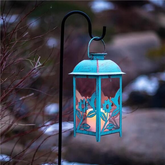 Solar Lantern Outdoor Hummingbird Blue Decor Antique Metal & Glass Construction - Picture 5 of 6